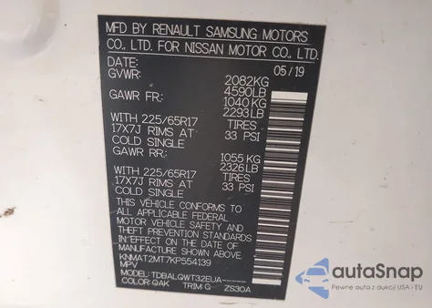 2019 Nissan Rogue Sv z USA, uszkodzony, nr VIN KNMAT2MT7KP554139